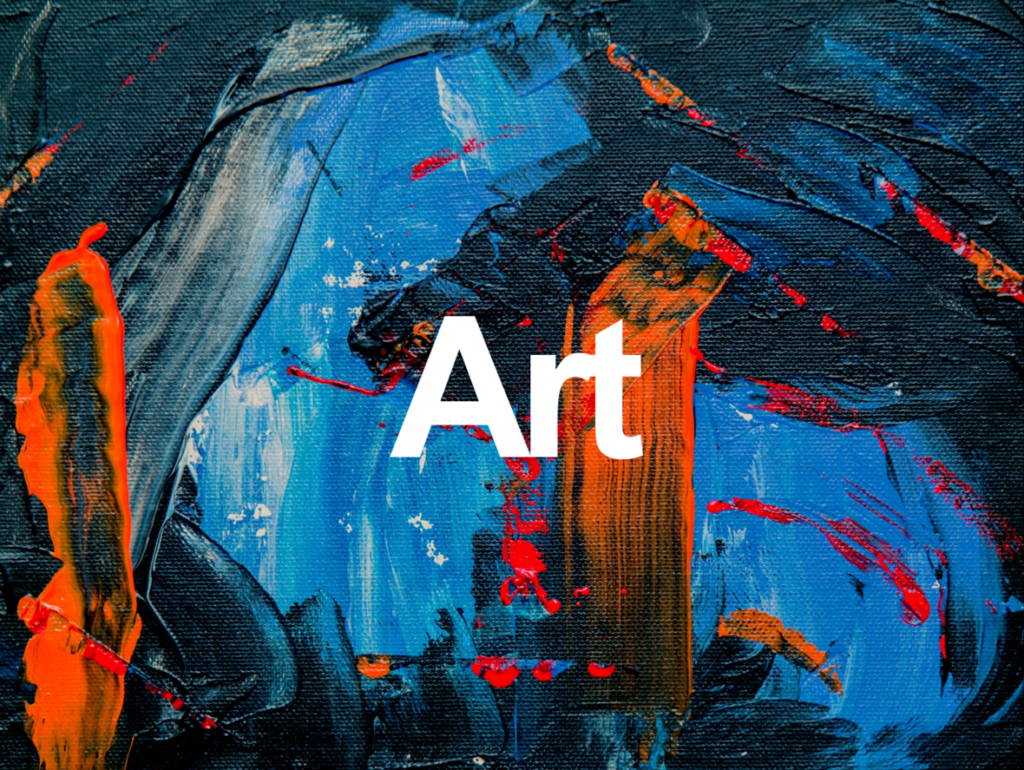 The word Art over paint brush strokes in blue and orange
