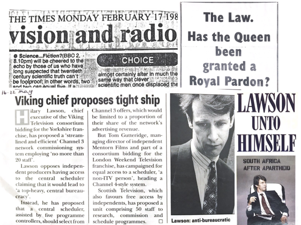 Newspaper clippings from Hilary Lawson's broadcasting history