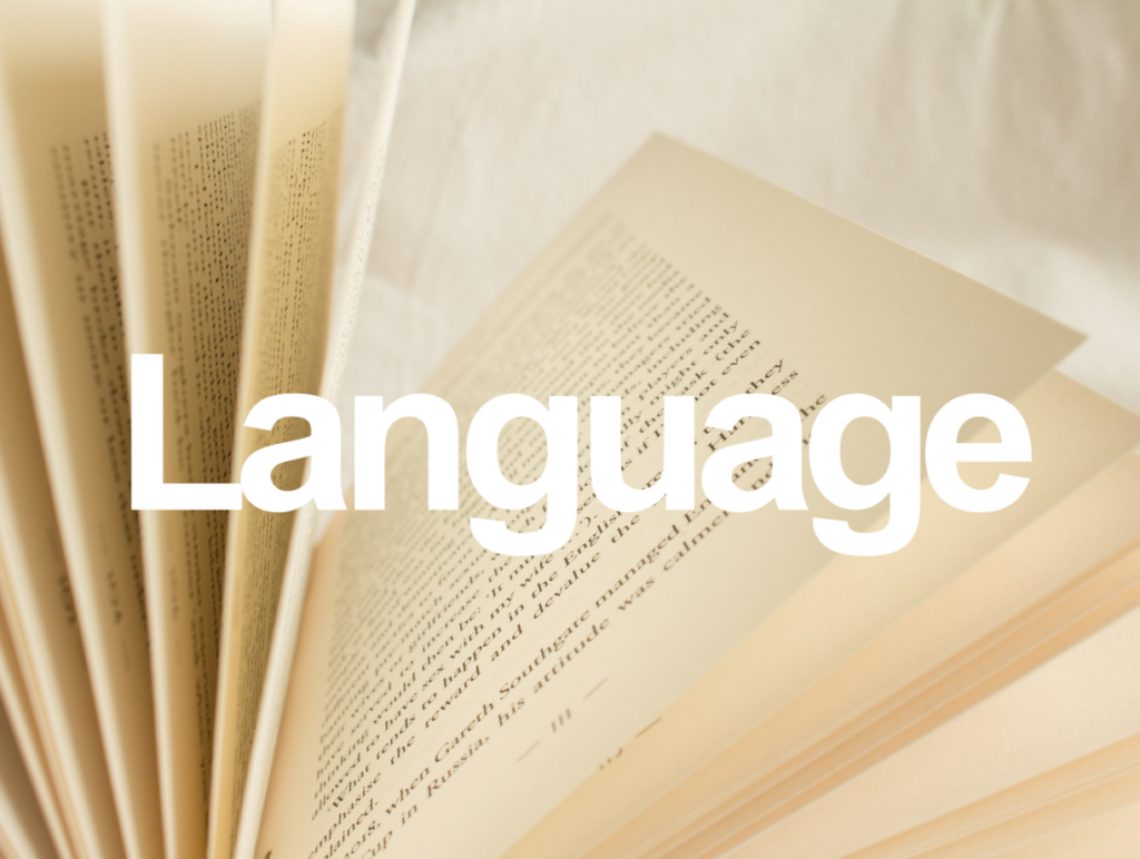 The word Language over an image of an open book