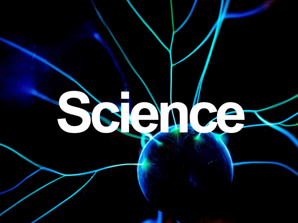 The word science over an image of blue plasma